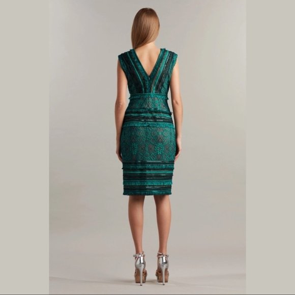 TADASHI SHOJI -TEAL LACE & FRINGE DRESS - Size 10 - Picture 2 of 8